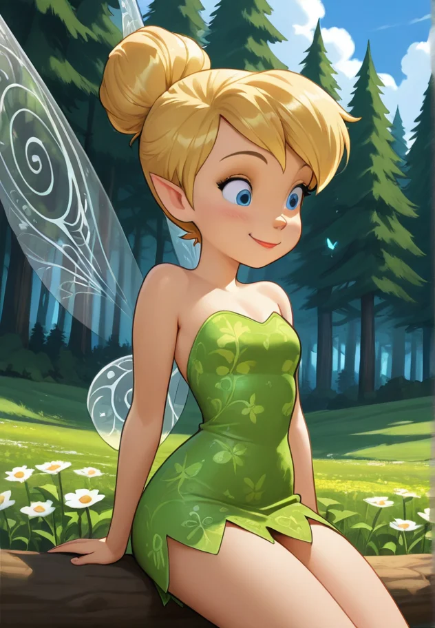 masterpiece, best quality, amazing quality, very aesthetic, absurdres, newest, detailed background, cowboy shot, outdoors, dynamic angle, forest, sky, clouds, flower
tinkerbellxd, 1girl, fairy, solo, pointy ears, blonde hair, hair bun, wings, blue eyes, fairy wings, sitting, dress, bare shoulders, strapless dress, minigirl, strapless, single hair bun, smile, short dress
<lora:Tinkerbell_-_Disney_Illustrious:1>