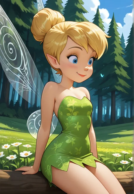 masterpiece, best quality, amazing quality, very aesthetic, absurdres, newest, detailed background, cowboy shot, outdoors, dynamic angle, forest, sky, clouds, flower
tinkerbellxd, 1girl, fairy, solo, pointy ears, blonde hair, hair bun, wings, blue eyes, fairy wings, sitting, dress, bare shoulders, strapless dress, minigirl, strapless, single hair bun, smile, short dress
<lora:Tinkerbell_-_Disney_Illustrious:1>
