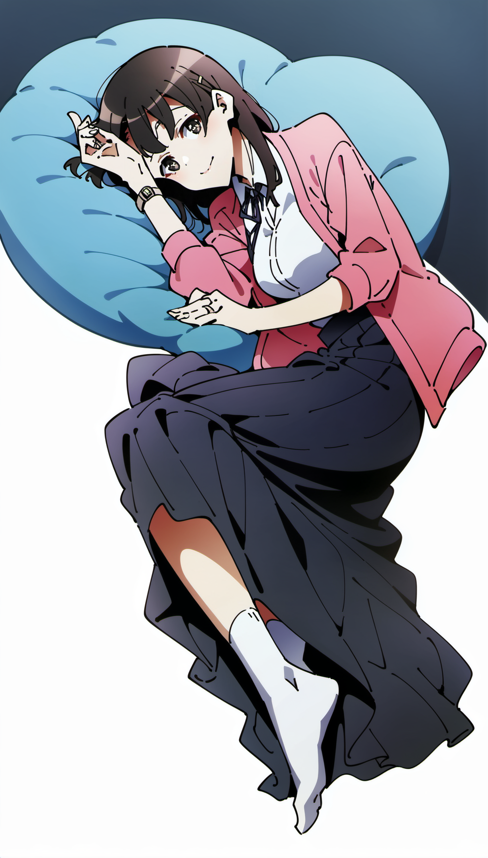 score_9,score_8_up,score_7_up,
<lora:megumikato:1>,megumikato,
1girl,solo,black hair,bangs,long hair,hairclip,brown eyes,pupils,looking at viewer,smile,pink cardigan,white shirt,dark blue ribbon tie,wristwatch,finger ring,sheer overskirt,black undershirt,white socks,full body,on side,laying on blue pillow,hand supporting head,white background,