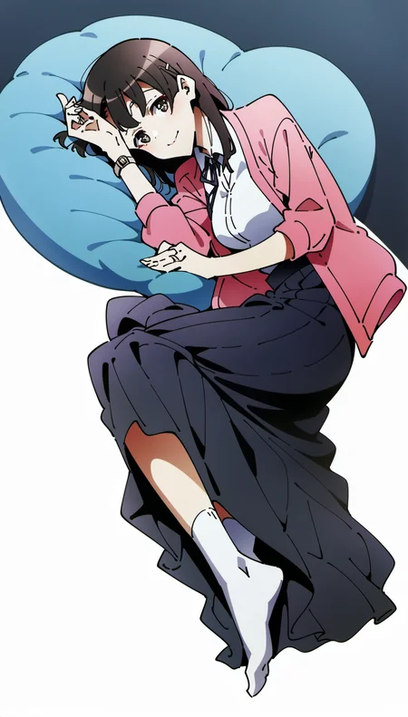 score_9,score_8_up,score_7_up,
<lora:megumikato:1>,megumikato,
1girl,solo,black hair,bangs,long hair,hairclip,brown eyes,pupils,looking at viewer,smile,pink cardigan,white shirt,dark blue ribbon tie,wristwatch,finger ring,sheer overskirt,black undershirt,white socks,full body,on side,laying on blue pillow,hand supporting head,white background,