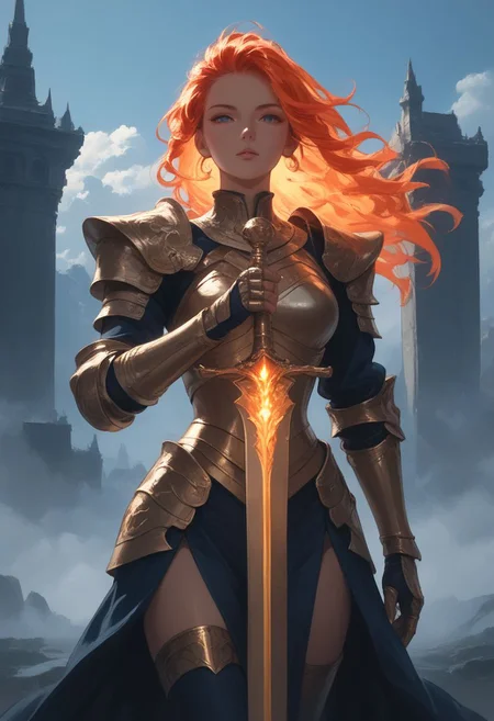 score_9, score_8_up, score_7_up, beautiful aesthetic, very intricate, hkstyle, (solo), 1girl, young female, (flaming hair:1.2), (glowing hair:1.3) gorgeous female, (goddess armor, revealing clothes:1.2), hourglass body, curvy, athletic body, thighs, heroic pose, assertive female, expressiveh, outdoors, goddess temple in the background, dramatic lighting, dynamic angle, cowboy shot,