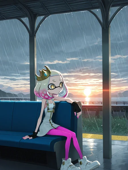 high quality, best quality, masterpiece, highres, very aesthetic, absurdres, <lora:illustrious_quality_modifiers_masterpieces_v1:.6>, detailed hair, <lora:NSFWFilter_illusXL_Incrs_v1:-.5>, solo, arm rest,
Pearl \(Splatoon\), medium hair, tentacle hair, two-tone hair, pink hair, white hair, yellow eyes, symbol shaped pupils, eyeliner, thick eyebrows, mole under mouth, small breasts, crown, white dress, black fingerless gloves, pink pantyhose, white shoes, blazer, overalls
, outdoors, horizon, in a train station, morning, sunrise, raining, heavy rain, cloudy, dark, <lora:HoneyMapache:.8>, big eyes, skinny