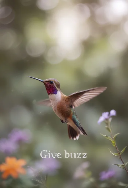 score_9, score_8_up, Photography, stvmccrr style, bokeh, mystical, hummingbird in flight, Banner Message, realistic, dream, text:"Give Buzz"