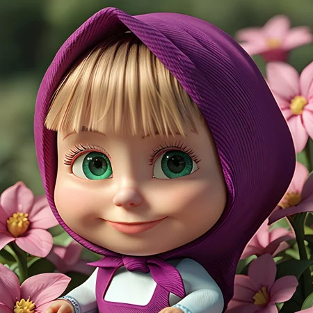 score_9, score_8_up, score_7_up BREAK midjourneylora MashaB, 1girl, short blonde hair, blunt bangs, green eyes, buckteeth, purple headdress, sleeveless purple dress, long-sleeved white shirt, source_3d, 3d, photorealistic, face closeup, face view, solo, solo focus, alone, happy at viewer, flower garden background, flower garden outdoors, chibi,