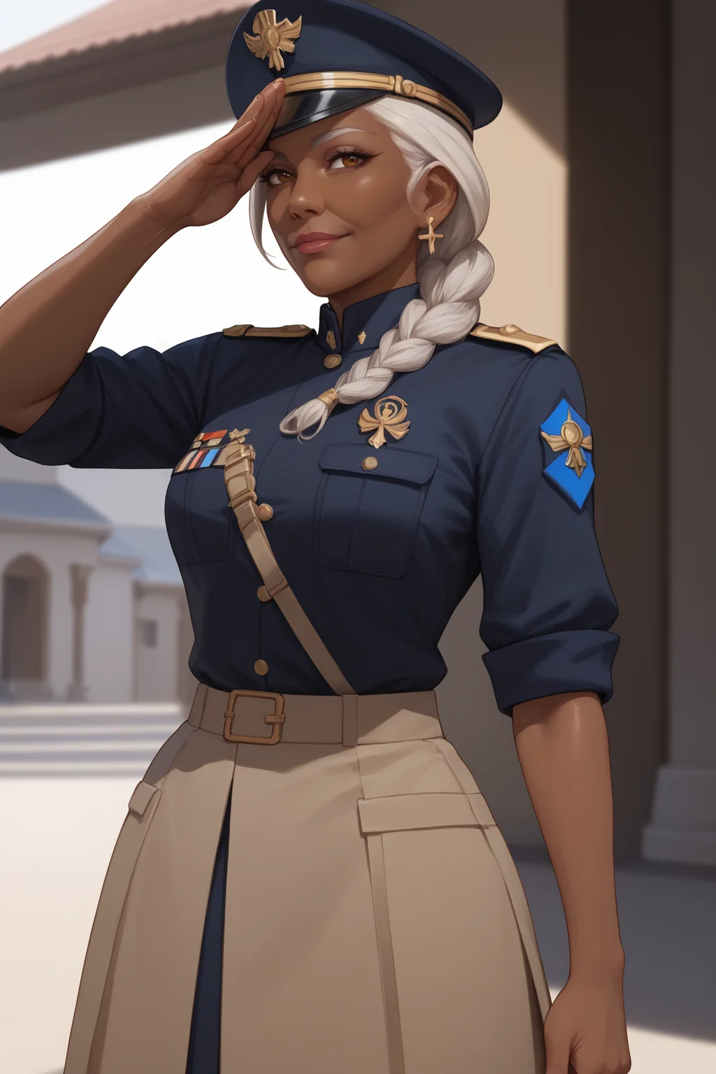 score_9, score_8_up, score_7_up, masterpiece, high quality
 <lora:Ana Amari oldPonyLoRA:1>anamri, anamri, dark-skinned female, old woman, long hair, ponytail,  braid, uniform, salute,