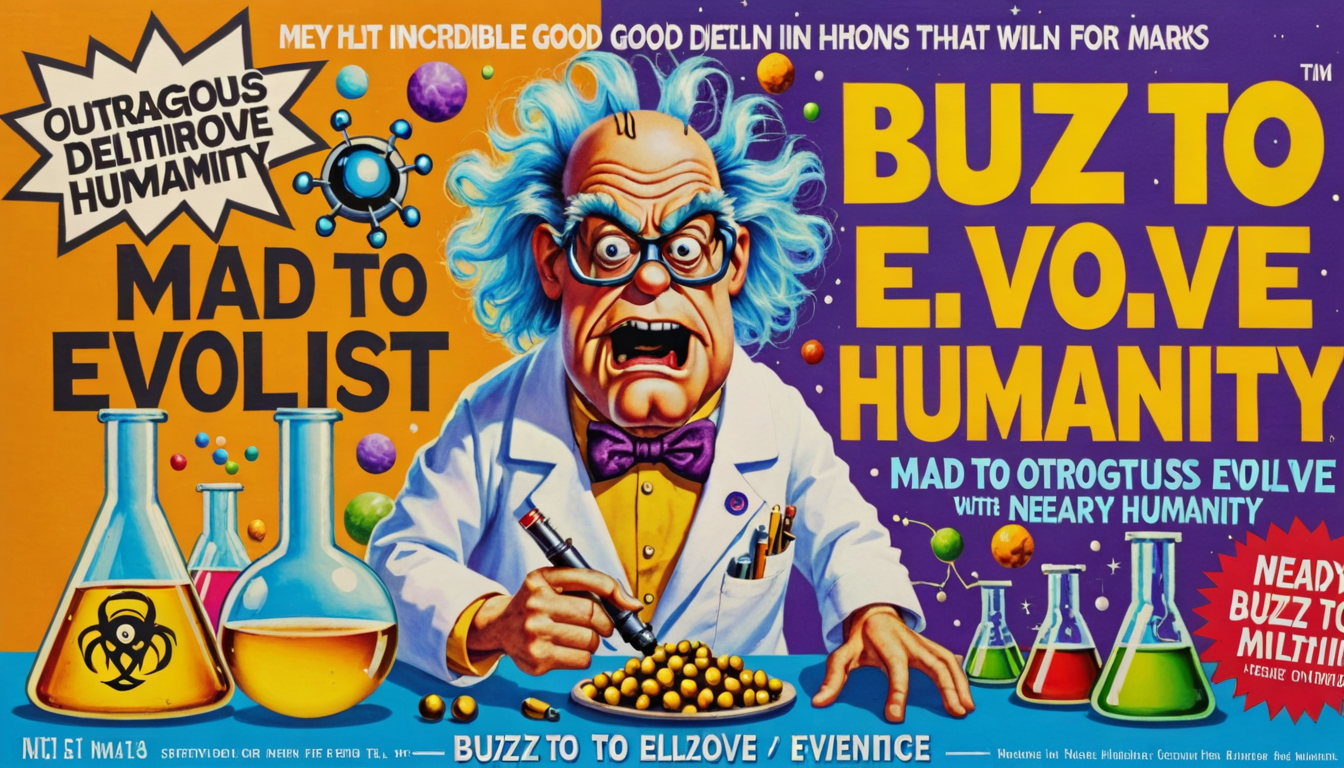 (incredible detail, outrageous good quality, high definition, masterpiece), mad scientist doing work, nearby text with "buzz to evolve humanity"