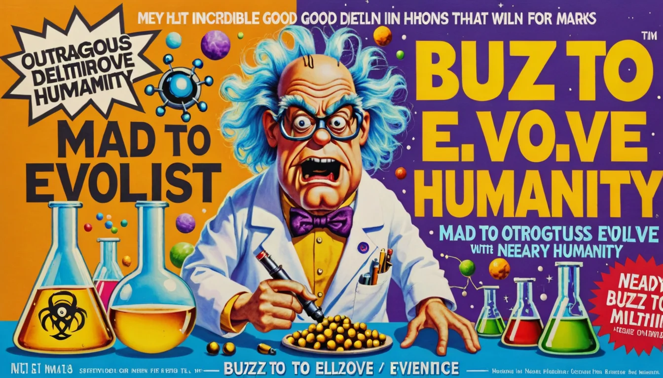 (incredible detail, outrageous good quality, high definition, masterpiece), mad scientist doing work, nearby text with "buzz to evolve humanity"