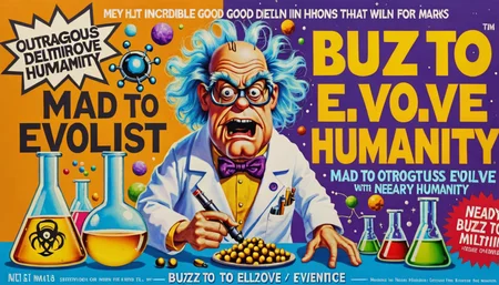 (incredible detail, outrageous good quality, high definition, masterpiece), mad scientist doing work, nearby text with "buzz to evolve humanity"