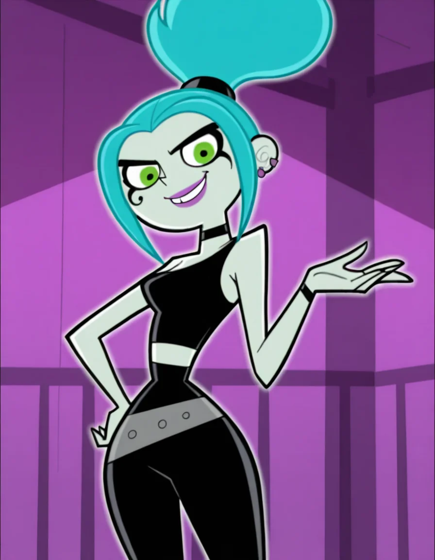 <lora:Ember_McLainIllustrious1.0JLFO:1> emberm, 1girl, blue hair, earrings, jewelry, ponytail, makeup, green eyes, solo, smile, lipstick, colored skin, choker, looking at viewer, hand on own hip, cowboy shot,, masterpiece, best quality, amazing quality, very aesthetic, absurdres