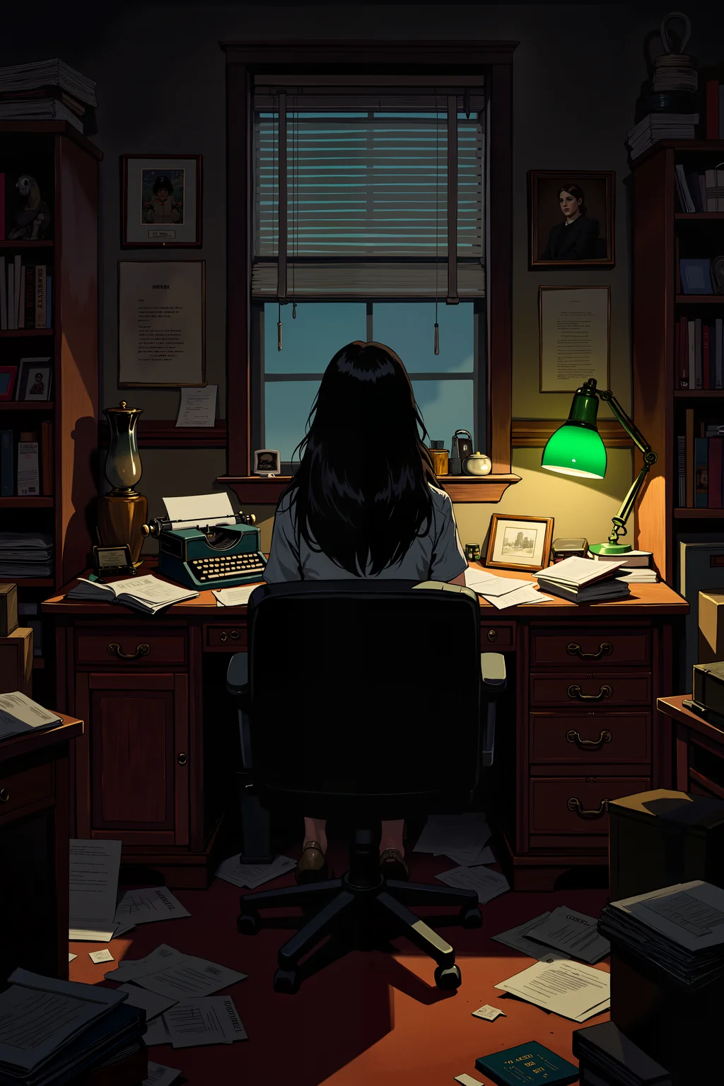 a dimly lit, cluttered office with a dark, moody atmosphere. The central figure, a woman with long dark hair, sits on a black office chair, her back turned. The room is filled with disorganized papers, books, and a vintage typewriter on a cluttered wooden desk. A green lamp casts a soft glow, illuminating a small, framed picture. The walls are lined with bookshelves and a large window with blinds partially open. The overall scene evokes a sense of neglect and solitude. , detailed background Fantastic lighting. Detailed shadows.intricate details, vivid colors, hyper-detailed, ultra-sharp, , <lora:XRSTYLE_FLUX:0.5><lora:RetroAnimeFluxV1:0.4><lora:MoriiMee_Gothic_Niji_Style_FLUX:0.3>