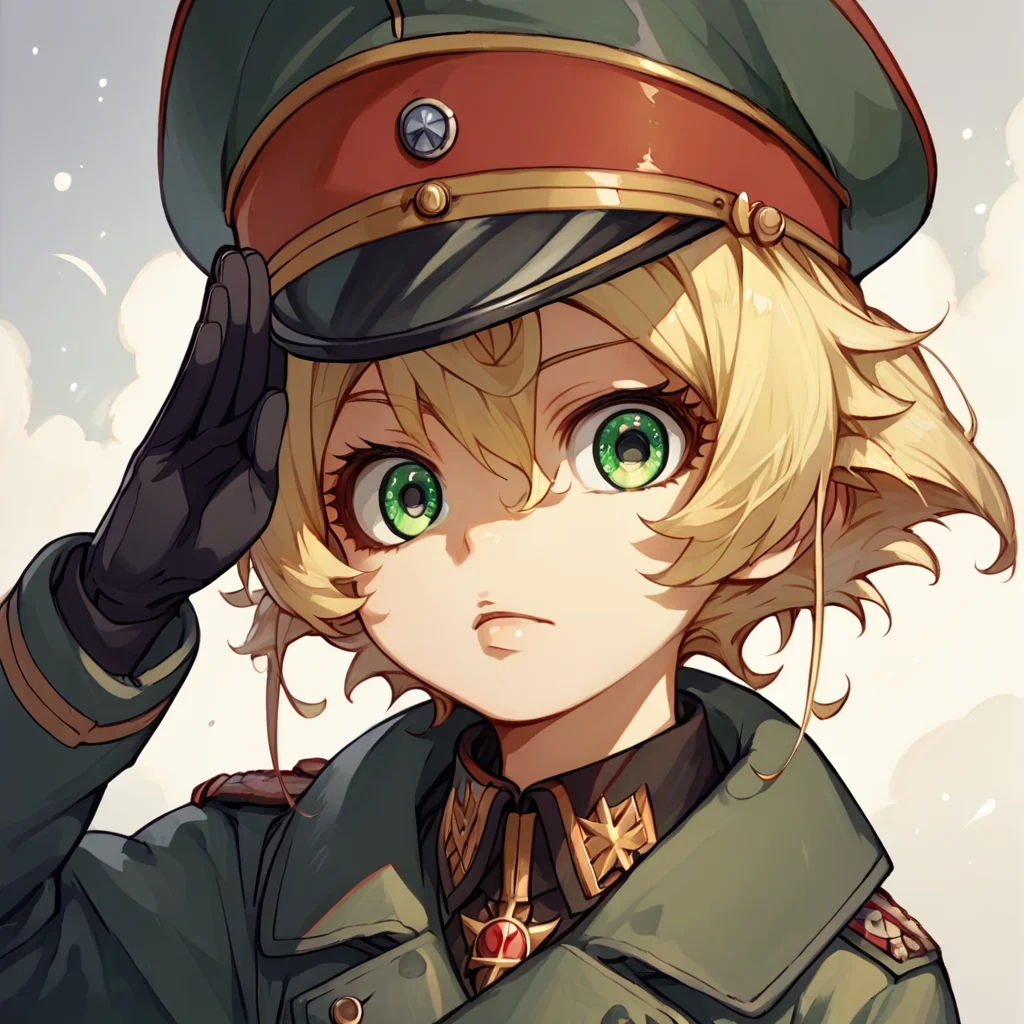 score_9, score_8_up, score_7_up,
TanyaDegurechaff, coat, 1girl, solo, looking at viewer, short hair, blonde hair, gloves, hat, hair between eyes, green eyes, military, peaked cap, military hat, salute
,score_9, source_anime
,<lora:TanyaPonyV2:0.8>