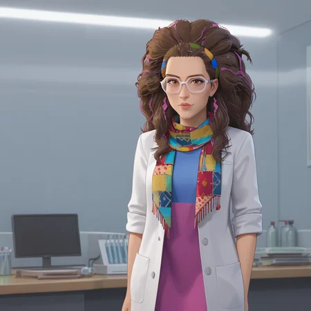 <lora:oliviaoctavius_pony_v1:.8>  olivia, 1girl, dark skin, glasses, dark-skinned female, long hair, labcoat, yellow-framed eyewear, big hair, brown hair, brown eyes, curly hair, lips, dreadlocks, shirt, hair ornament, jewelry, scarf, makeup, cowboy shot