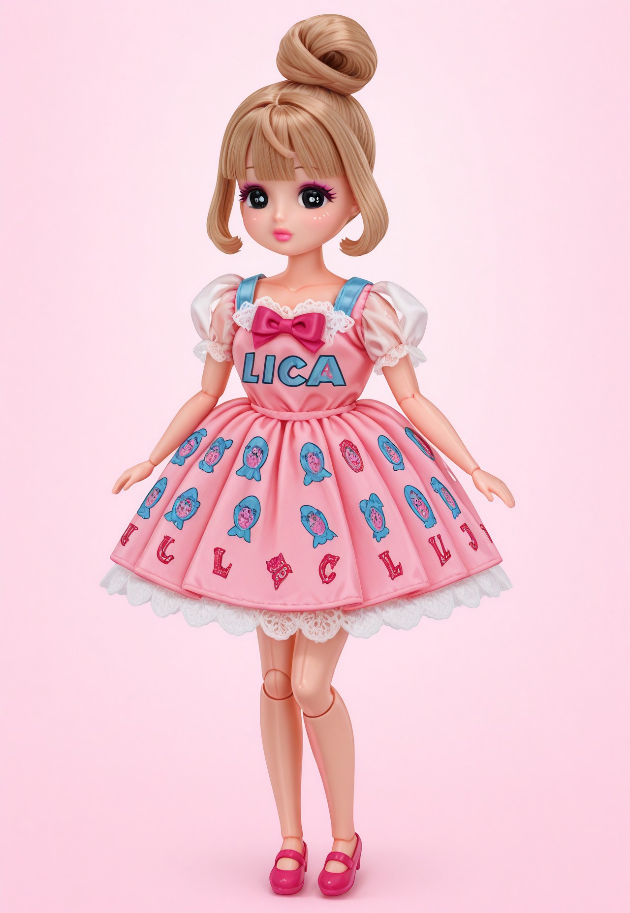 ((fullbody)) 1girl, solo, solo female, ((Licca-chan : 1.2)), moe, kawaii, cute, doll_joints, big black eyes, detailed lips, makeup, fashion, ((doll clothes))
