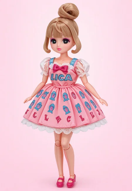 ((fullbody)) 1girl, solo, solo female, ((Licca-chan : 1.2)), moe, kawaii, cute, doll_joints, big black eyes, detailed lips, makeup, fashion, ((doll clothes))