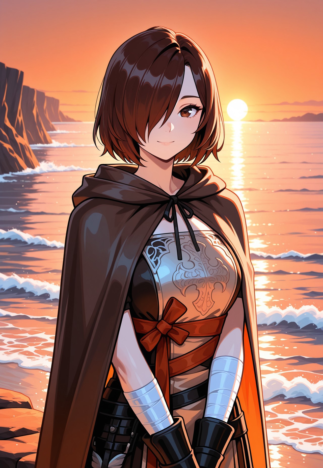 masterpiece, best quality, good quality, very aesthetic, absurdres, newest, 8K, focused subject BREAK 1girl, upper body, standing, v arms, sunset, ocean, waves, cliffs, orange sky, (orange theme:0.7), looking at viewer, slight smile, emeraldherald, brown hair, short hair, hair over one eye, hooded cloak, hood, gloves, armor, bandaged arm