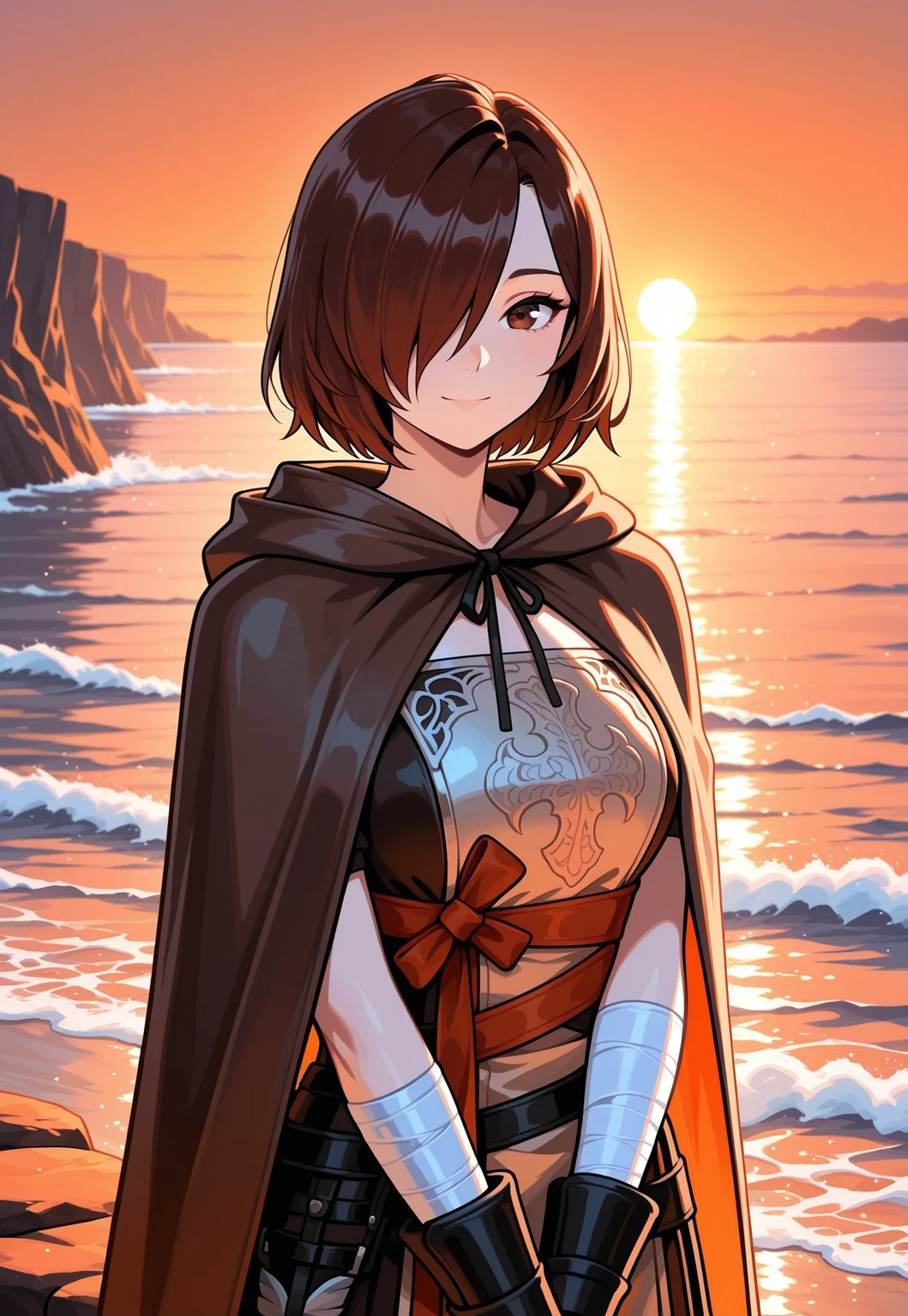 masterpiece, best quality, good quality, very aesthetic, absurdres, newest, 8K, focused subject BREAK 1girl, upper body, standing, v arms, sunset, ocean, waves, cliffs, orange sky, (orange theme:0.7), looking at viewer, slight smile, emeraldherald, brown hair, short hair, hair over one eye, hooded cloak, hood, gloves, armor, bandaged arm