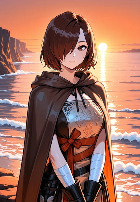 masterpiece, best quality, good quality, very aesthetic, absurdres, newest, 8K, focused subject BREAK 1girl, upper body, standing, v arms, sunset, ocean, waves, cliffs, orange sky, (orange theme:0.7), looking at viewer, slight smile, emeraldherald, brown hair, short hair, hair over one eye, hooded cloak, hood, gloves, armor, bandaged arm