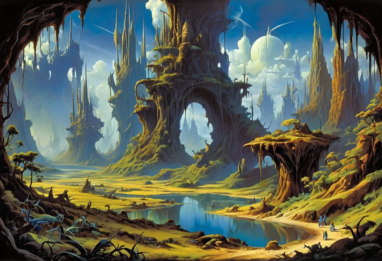 Alien river valley landscape in the style of Roger Dean, fantastic towering spires with graceful curves arching up into the sky, (Rodney Matthews:1.9), alien creatures, abundant strange foliage, extreme contrast, intense colors, (chiaroscuro:1.9), ultra resolution, dramatic lighting casting shadows and highlights, <lora:add-detail-xl:0.75>, <lora:xl_more_art-full_v1:0.5>