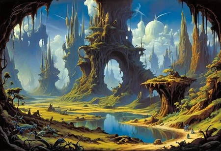 Alien river valley landscape in the style of Roger Dean, fantastic towering spires with graceful curves arching up into the sky, (Rodney Matthews:1.9), alien creatures, abundant strange foliage, extreme contrast, intense colors, (chiaroscuro:1.9), ultra resolution, dramatic lighting casting shadows and highlights, <lora:add-detail-xl:0.75>, <lora:xl_more_art-full_v1:0.5>