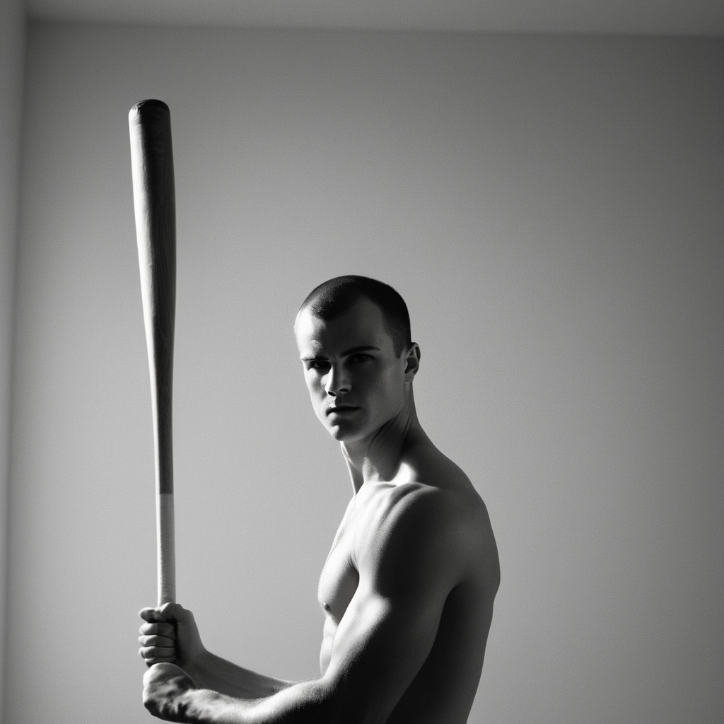 cinematic film still of  <lora:High-key lighting Style:1>
bright light, bright, a man holding a baseball bat in his right hand High-key lighting Style,solo,simple background,1boy,white background,monochrome,greyscale,male focus,muscular,crossed arms,letterboxed,topless male,realistic,very short hair,buzz cut, shallow depth of field, vignette, highly detailed, high budget, bokeh, cinemascope, moody, epic, gorgeous, film grain, grainy