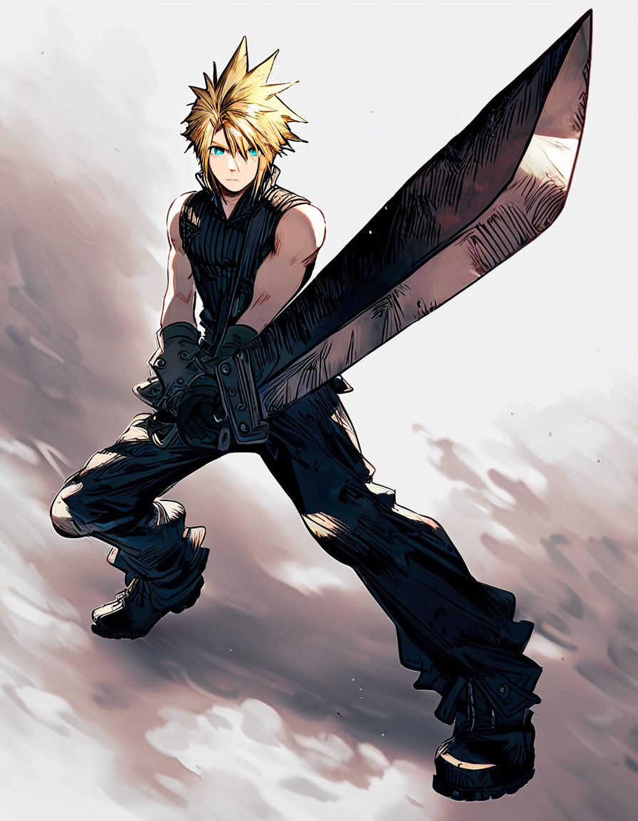 score_9, score_8_up, score_7_up,
source_anime,
two-handed,brave-perspective,solo,looking at viewer,short hair,blue eyes,blonde hair,simple background,shirt,gloves,1boy,white background,holding,hair between eyes,closed mouth,standing,full body,weapon,male focus,boots,sleeveless,black gloves,pants,sword,black footwear,holding weapon,armor,aqua eyes,black shirt,sleeveless shirt,holding sword,spiked hair,high collar,fighting stance,cloud strife,
 <lora:Brave_perspective:0.9>