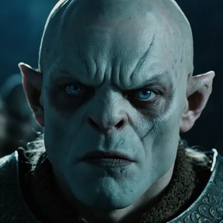 cinematic film still of <lora:The Lord of the Rings style:1>
In a Fantasy Middle-earth world in the dark ages Azog Orc-lord of the Third Age a close up of a person with a weird face,solo,looking at viewer,blue eyes,simple background,1boy,closed mouth,male focus,black background,portrait,realistic,bald , dramatic light, dramatic shadow light, film contrast, cinematic film color, cinematic film look, filmic, realistic, realism, perfection, perfect, movie still, fantasy drama, epic drama, fictional, Age of Wonders, Age of Empires, warriors, Medieval style, middle ages, dungeons and dragons style, different people, different, unique, kingdoms and castles, violent, aggressive, detailed, perfection, detailed face, detailed body, detailed hands, detailed eyes, sharp, horror themed, dark themed, epic fantasy adventure film style, Legendary, mythical, The Lord of the Rings style, shallow depth of field, vignette, highly detailed, high budget, bokeh, cinemascope, moody, epic, gorgeous, film grain, grainy