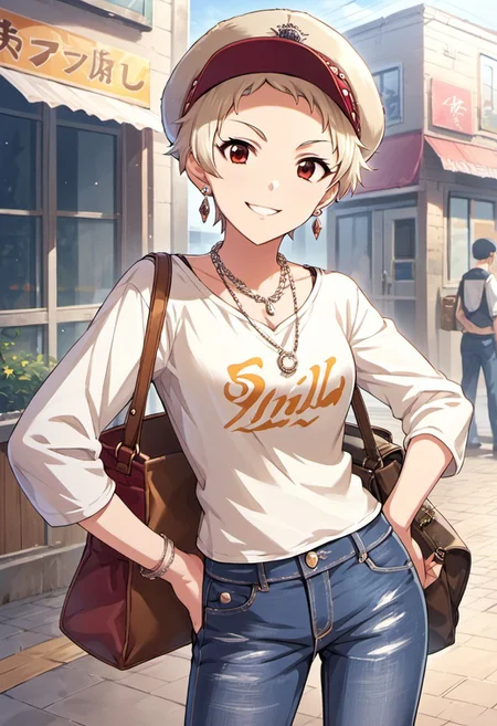 score_9, score_8_up, score_7_up, source_anime, senzaki ema, short hair, blonde hair, red eyes, jewelry, 1girl, earrings, hat, necklace, very short hair, bag, pants, smile, hand on hip, denim