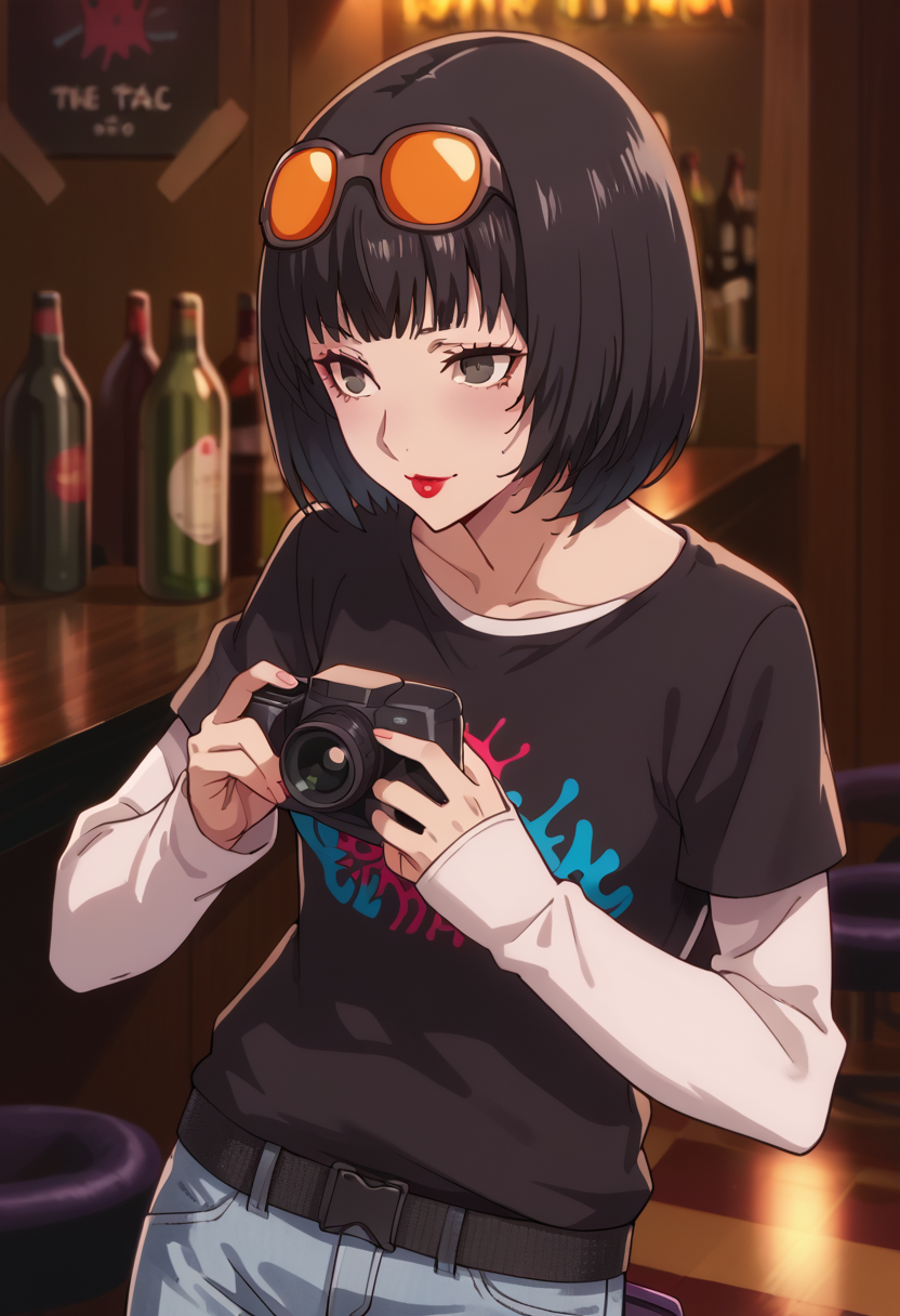 score_9, score_8_up, source_animem
1 girl, solo, cute face,
p5ohya, black hair, bob cut, sunglasses, eyewear on head, makeup, lipstick, black t-shirt, white long sleeves, jeans, 
bar, standing, holding camera, taking picture,