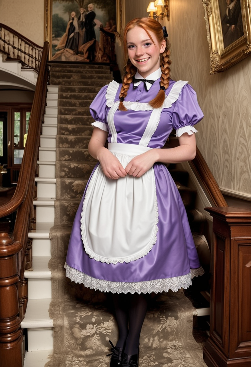 (medium full shot) of (sweet maid) young woman, normal build, long ginger french braid hair, british, tan skin, brown eyes,  wearing maid hair ribbon, lavender satin blouse , traditional maid skirt, apron with lace trim, sheer thigh-high stockings, black flats, subtle eyeliner, lace gloves, set in  an opulent mansion, featuring antique furniture, sophisticated lighting, grand staircases, rich drapery , woman smiling, detailed face, ,Masterpiece,best quality, raw photo, realistic, very aesthetic