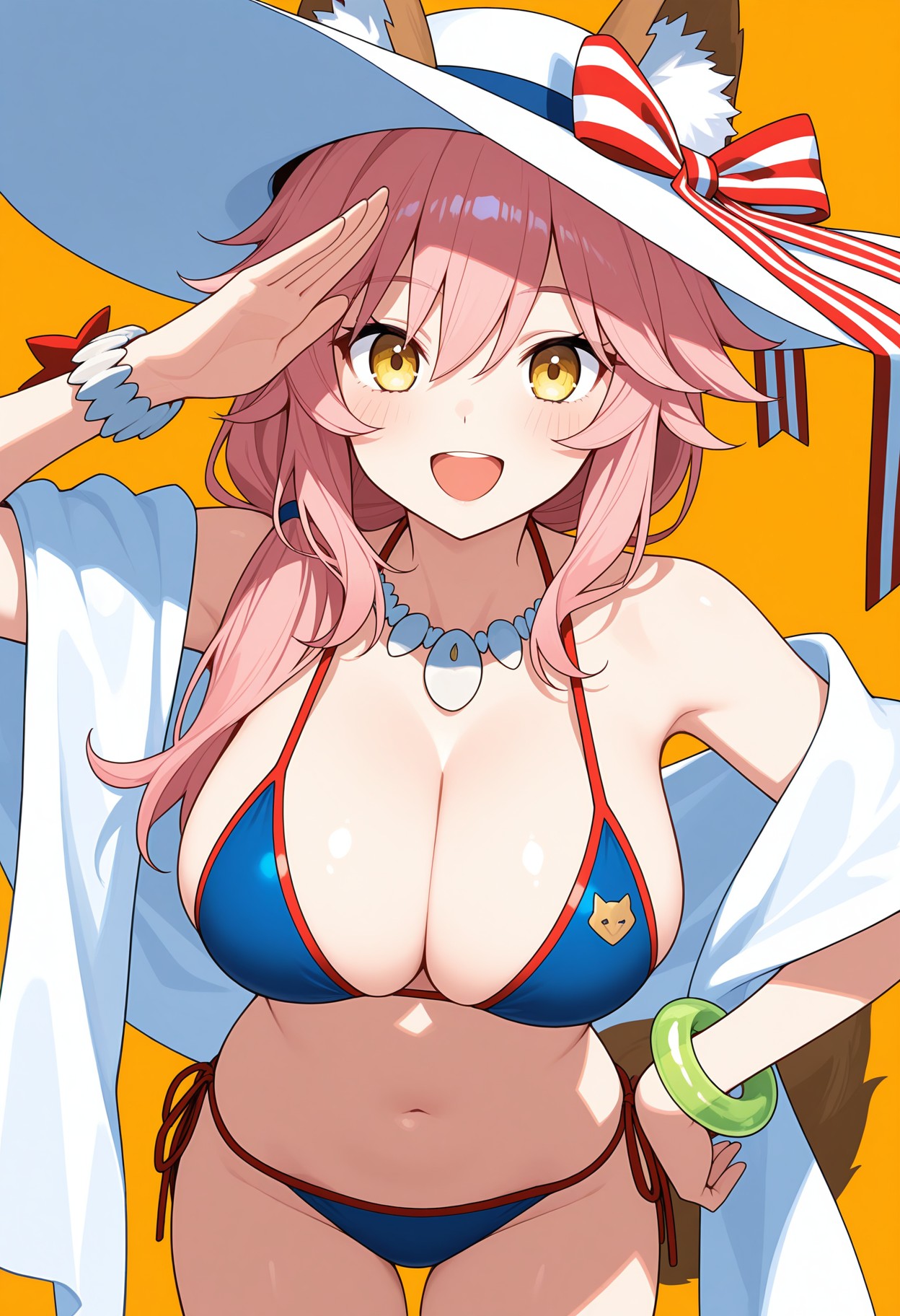 masterpiece, best quality, 1girl, solo, t4mamosumm3r, animal ears, animal ear fluff, ears through headwear, white sun hat, red hat ribbon, striped hat ribbon, yellow eyes, pink hair, long hair, hair between eyes, sidelocks, hair over shoulder, tied hair, side-tie bikini bottom, blue bikini, string bikini, shawl, tail, large breasts, bracelet, hand on hip, cleavage, salute, open mouth, happy, blush, orange background, cowboy shot, straight-on, simple background,, <lora:96cabef7-fbf5-488d-b719-88ea7ef6f628:1.0>