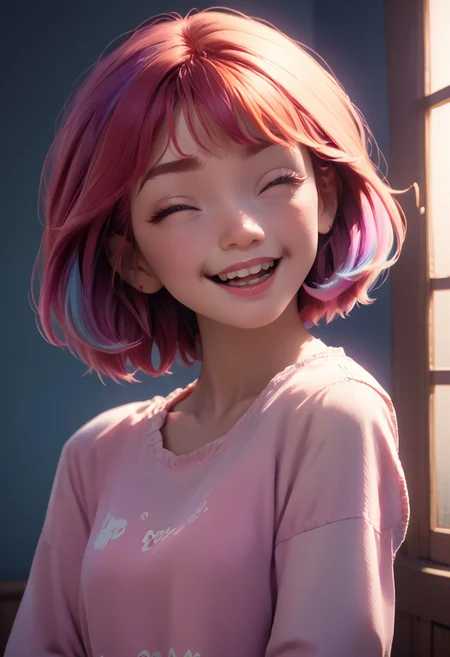 score_9, score_8_up, score_7_up, score_6_up, brightly dyed hair, short layered hair, laughing, head tilt, 1 girl, casual outfit, adorable, side view, facing viewer, round face, 18 years old, cutest girl in the world, 43stl1ght1ng, low light, dramatic lighting, darkness,