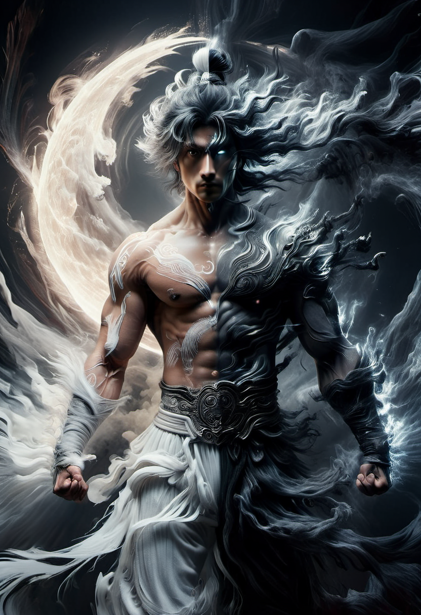 sun,moon,
wabstyle, glowing,two-tone hair, (muscular:1.2), 1man, cinematic angle,   motion blur, looking at viewer, zwd, <lora:zwd_v2_SDXL:0.2>  <lora:yinianshenmoSDXL:0.8>