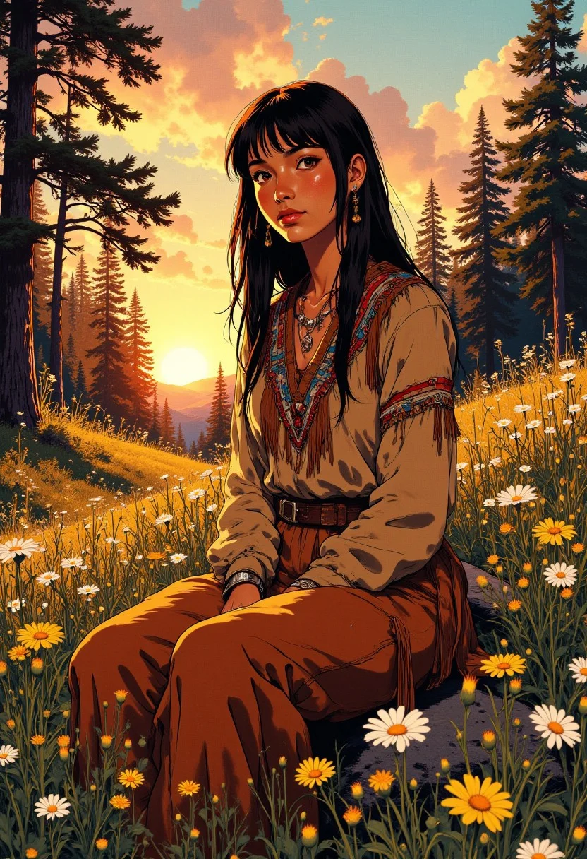 portrait of a native american young woman, bangs, long hair, buckskin tunic, sitting in a frest clearing surrounded by wildflowers and shrubs, surrounded by tall trees, sunset, j_art