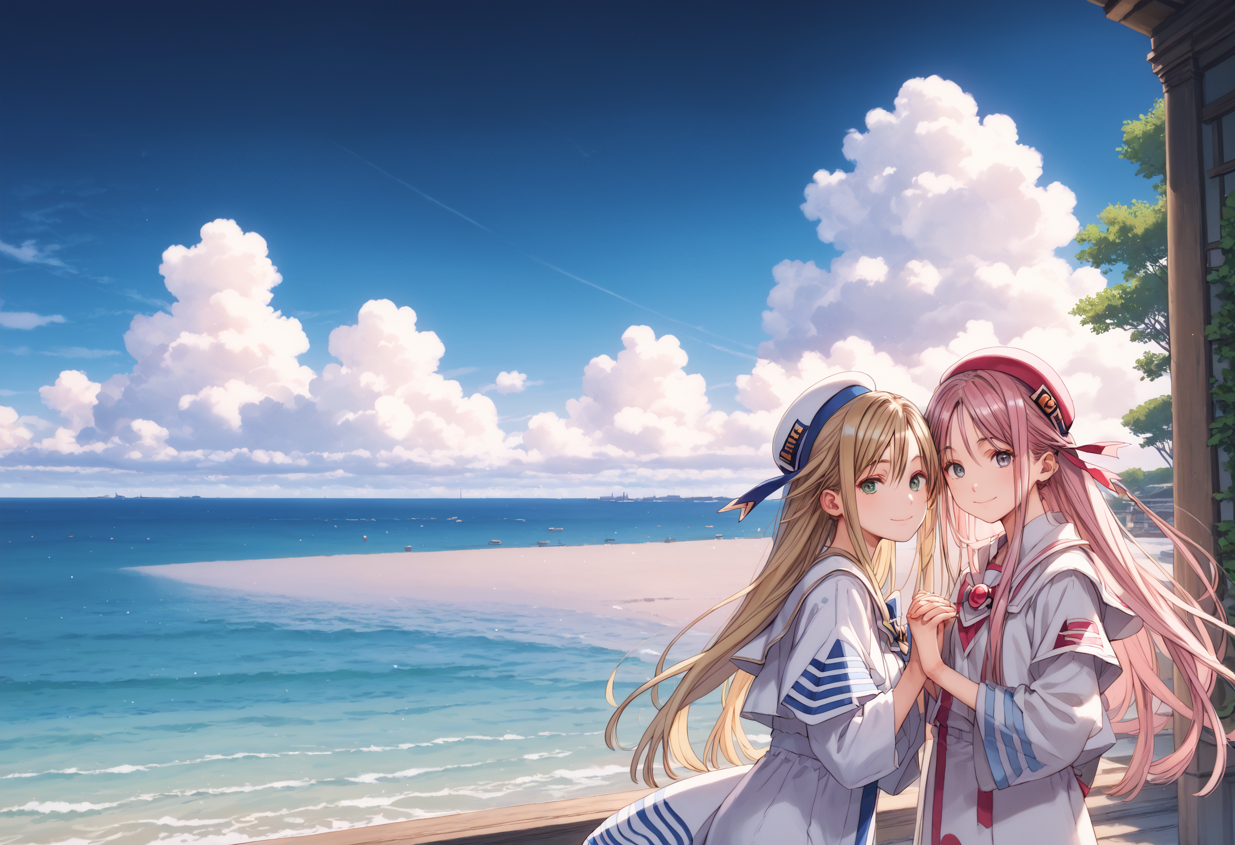 score_9, score_8_up, score_7_up, masterpiece, best quality, very aesthetic, absurdres, 
<lora:Amano_Kozue_å¤©éããã_Style_Pony-000010:1> (amano_kozue:1.2), aria \(manga\), 
2girls, yuri, holding hands, long hair, clear eyes, gentle smile, skinny, body_slim, looking at viewer, 
scenery, blue sky, cloud, ocean, (venice:0.7),