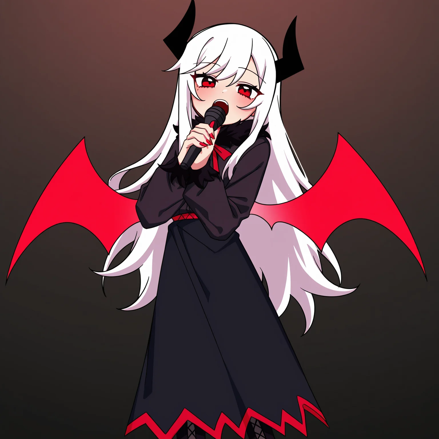 masterpiece, best quality, amazing quality, anime screencap, 1girl, solo, standing, cowboy shot, looking at viewer, singing, microphone, <lora:VareltFNF:0.9>, VareltFNF, white hair, long hair, red eyes, black horns, neck ribbon, red ribbon, red demon wings, long fingernails, red fingernails, black dress, long dress, black skirt, black boots,