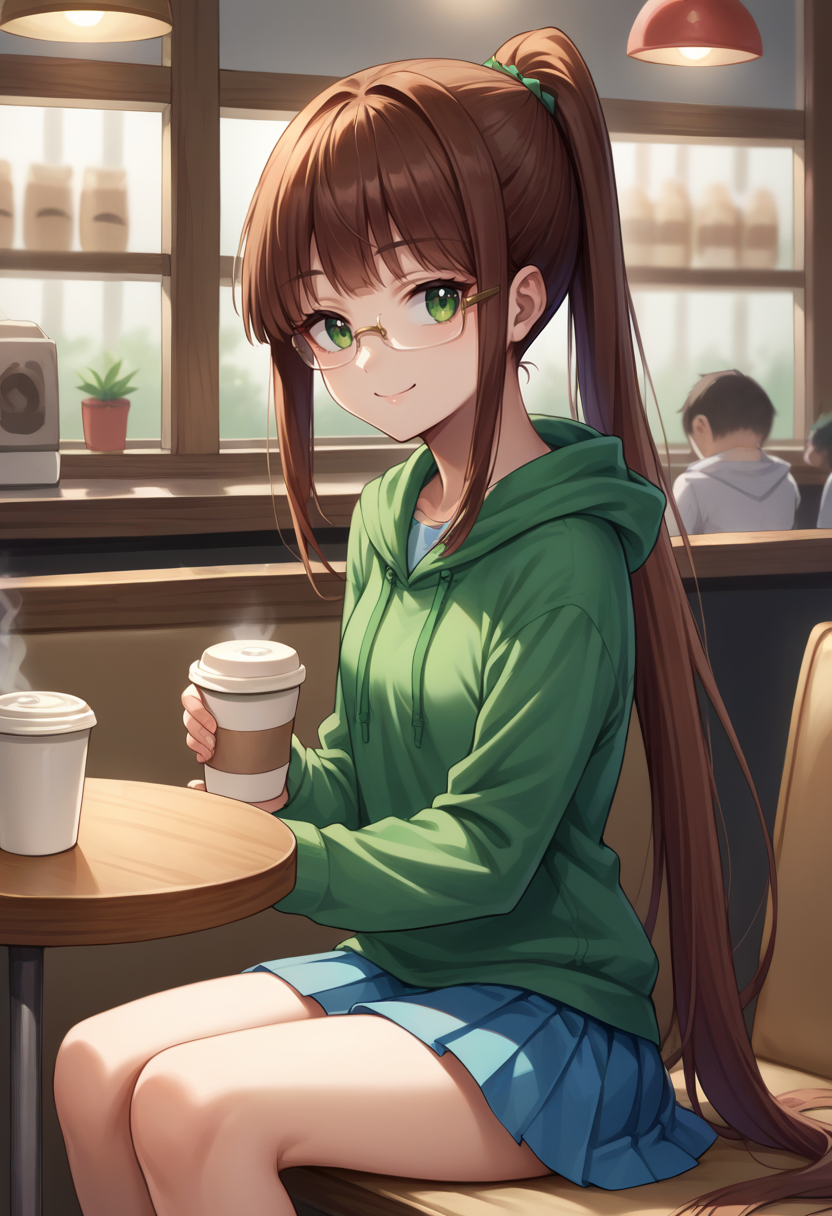 score_9, score_8_up, source_anime, 1girl, RuriMiyamoto, brown hair, bangs, very long hair, ponytail, green eyes, glasses, sitting, coffee shop, hoodie, pleated skirt, smile, <lora:ChamRuriMiyamotoPonyXL:1>