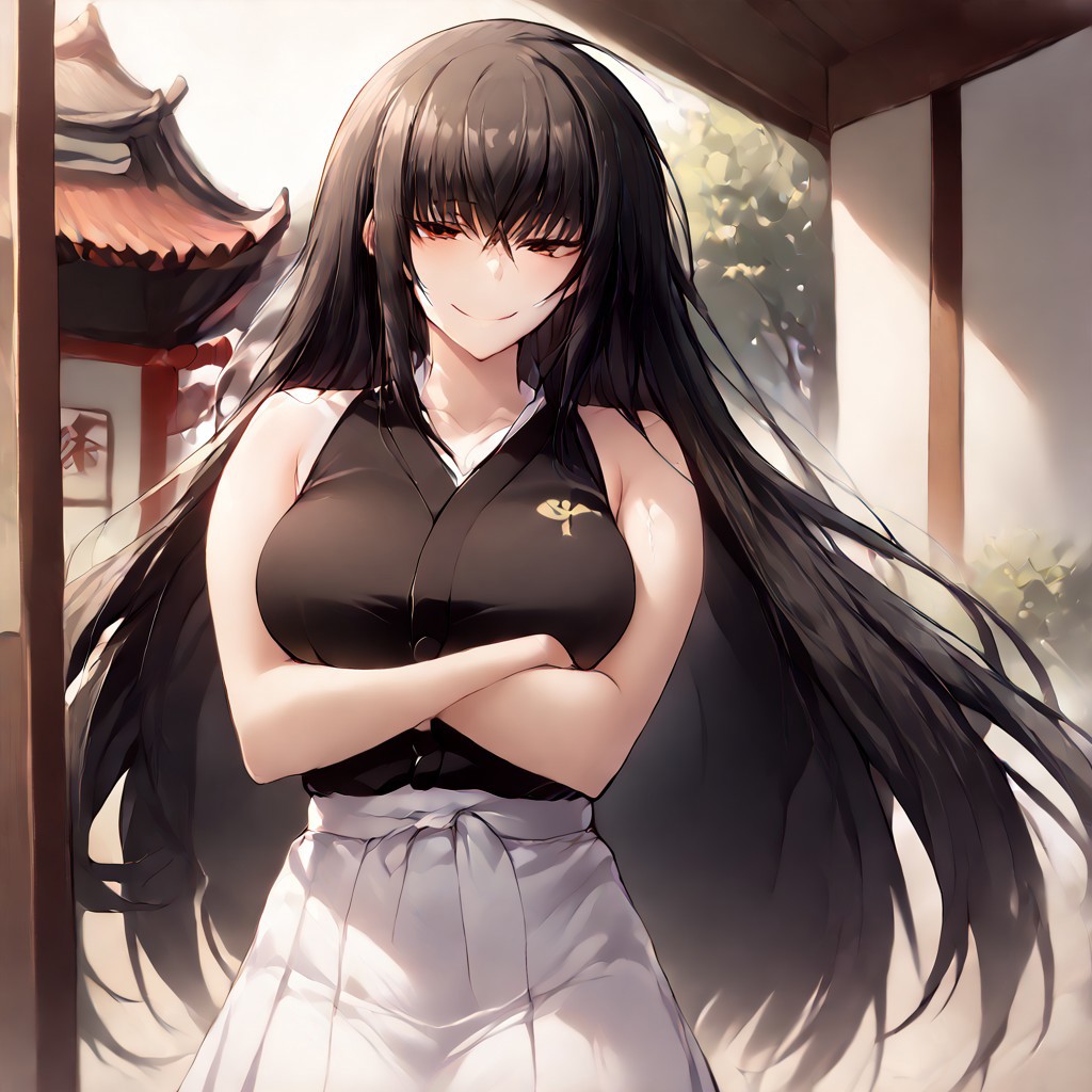 score_9, score_8_up, score_7_up, source_anime, uncensored, zPDXLxxx, <lora:intricate_details:0.5> intricate_details_xl, 
<lora:DOJO:0.8> DOJO, sliding doors, architecture, east asian 
score_9, score_8_up, score_7_up, 
1girl, kawakami momoyo, long hair, black hair, red eyes, 
narrowed eyes, smile, looking at viewer,
black shirt, sleeveless, white skirt, crossed arms, arms under breasts, large breasts,