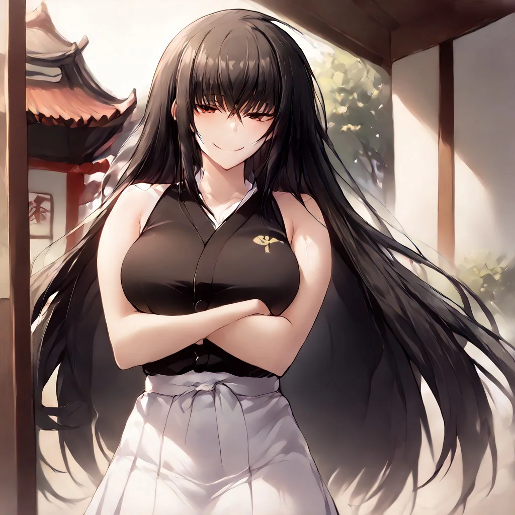 score_9, score_8_up, score_7_up, source_anime, uncensored, zPDXLxxx, <lora:intricate_details:0.5> intricate_details_xl,
<lora:DOJO:0.8> DOJO, sliding doors, architecture, east asian
score_9, score_8_up, score_7_up,
1girl, kawakami momoyo, long hair, black hair, red eyes,
narrowed eyes, smile, looking at viewer,
black shirt, sleeveless, white skirt, crossed arms, arms under breasts, large breasts,