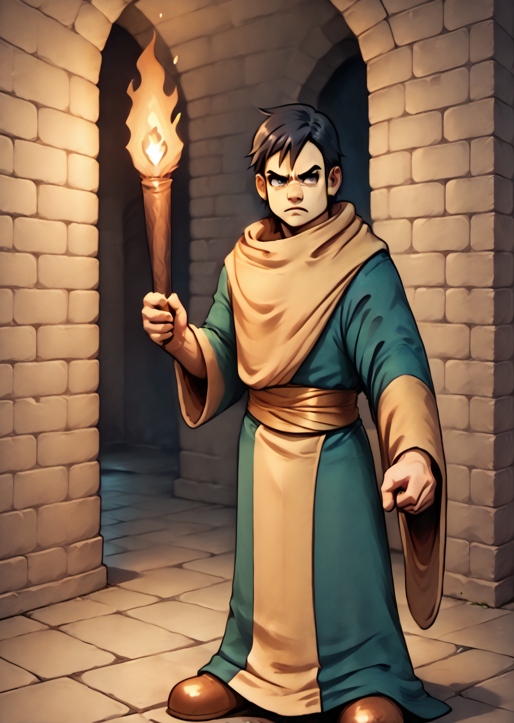 Lowe, holding a torch, torch, dungeon, serious, tense scene, fantasy,  <lora:Lowe-000012:1>  <lora:torch:1>