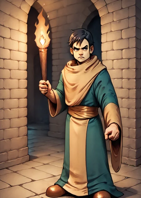 Lowe, holding a torch, torch, dungeon, serious, tense scene, fantasy, <lora:Lowe-000012:1> <lora:torch:1>