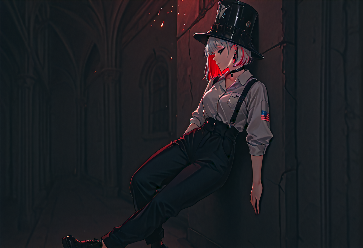 score_9,score_8_up,score_7_up, 1girl, solo, USA theme, side view, glowing embers, triumphant grin, (american flag, black lipstick, silver jewelry, silver piercings, black mascara, black eyeshadow), (<lora:PulenKompot-Venus_Body-SDXL:1> venusbody, thick), (<lora:Underdye_hairstyle__Peekaboo_Hairstyle:1> underdye_hairstyle, two-tone hair,  White outer hair, Blue and Red inner hair),choker, (alabaster soft skin), medium breasts, covered crotch, (leaning against wall), (Boweler hat, button up shirt, suspenders, dress pants, loose blazer, dress shoes),black moor hush city balcony USA background,  <lora:l4ur4dXLP:1> l4ur4d