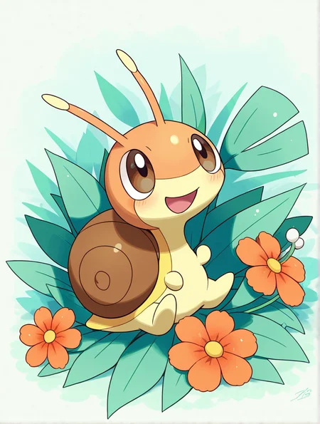 a snail is sitting on top of some leafs, solo, blush, smile, open mouth, brown eyes, sitting, full body, pokemon \(creature\), no humans, leaf, flowers, looking up, animal focus