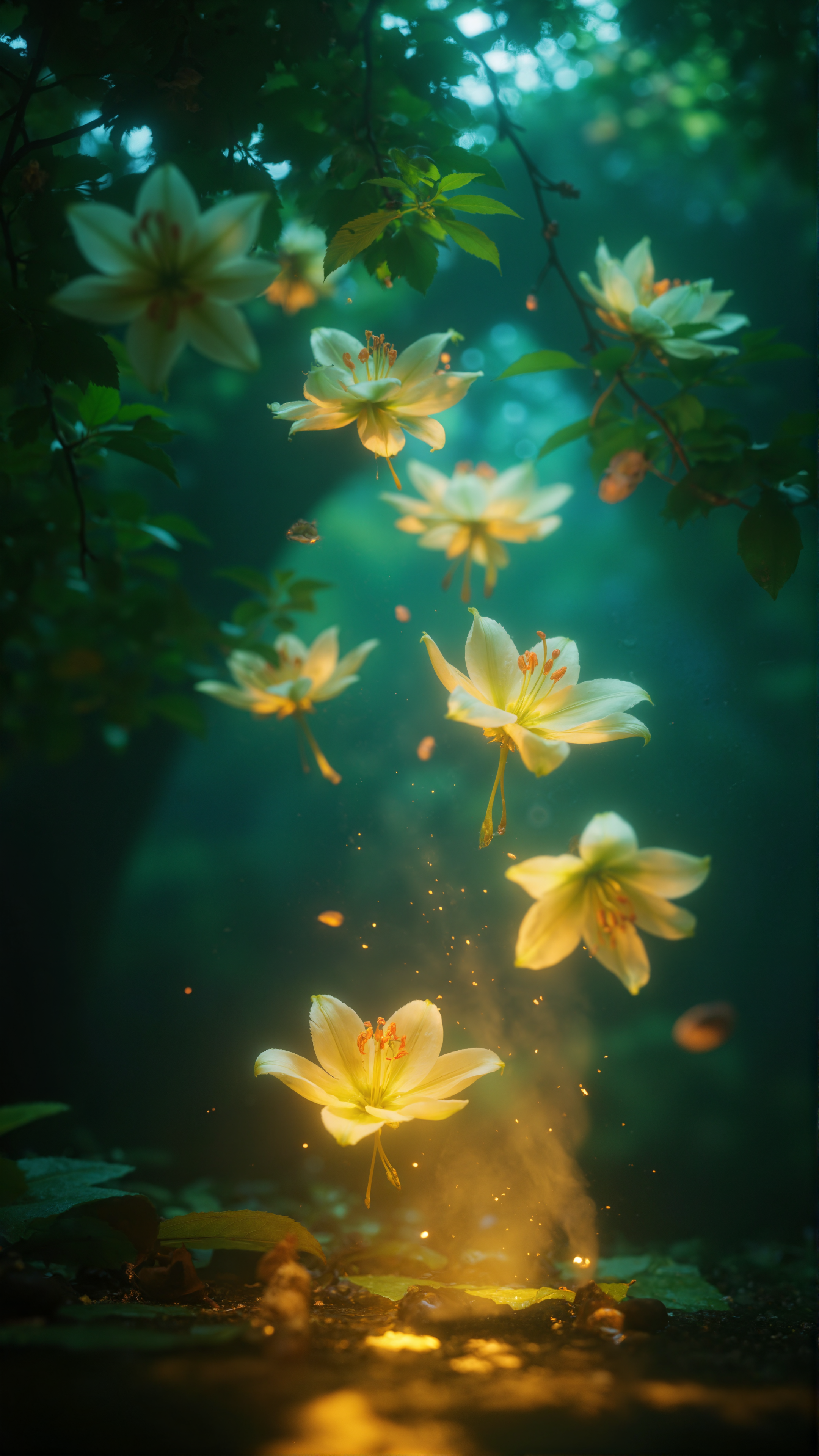 Photorealistic macro photography, capturing swirling, luminous forms reminiscent of a lava lamp, but composed of blooming Lily blossoms. The blossoms cascade through a deep indigo and emerald green environment, illuminated by soft, diffused golden light. Delicate petals drift and intertwine, creating a sense of tranquil motion and otherworldly beauty. The composition utilizes the rule of thirds, with a shallow depth of field emphasizing the foreground blossoms against a softly blurred background, evoking a dreamy, nostalgic atmosphere.