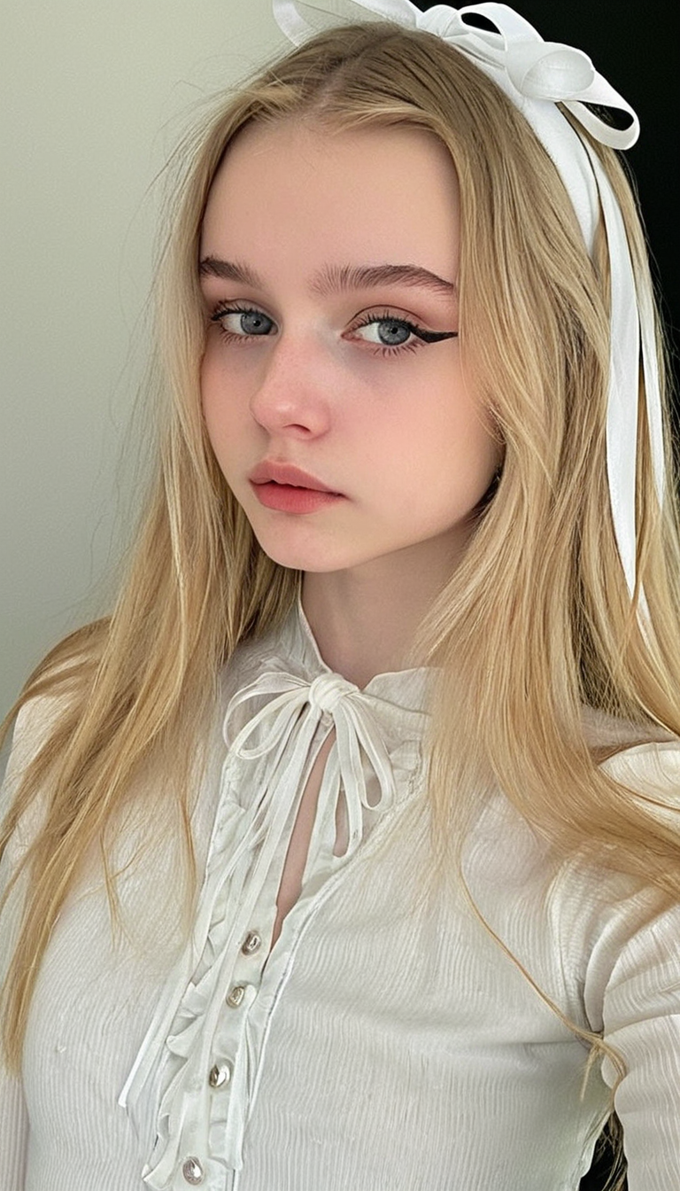 Background, real_beauty, RSGRL, 1girl, solo, mirror selfie, thin lips, blonde hair, ribbons in hair, Instagram model, cutest girl in the world, (21yo:1.3), eyeliner, pale skin, wearing a delicate white coquette outfit