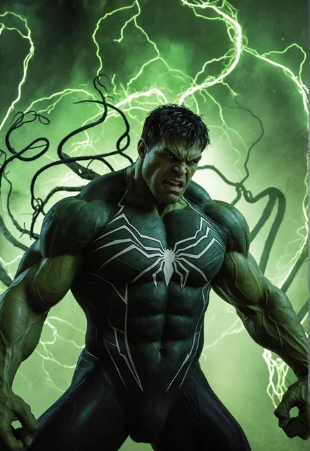 A dynamic action photo of the Hulk standing in a powerful stance as a symbiote black suit is about to envelop him. The black symbiote (tendrils:1.15) are swirling around Hulk. Some parts of his green skin can still be seen. Hulk's face shows intense determination and anger. Huge body, muscles, spider-man symbol, film grain, shot on canon eos 5d