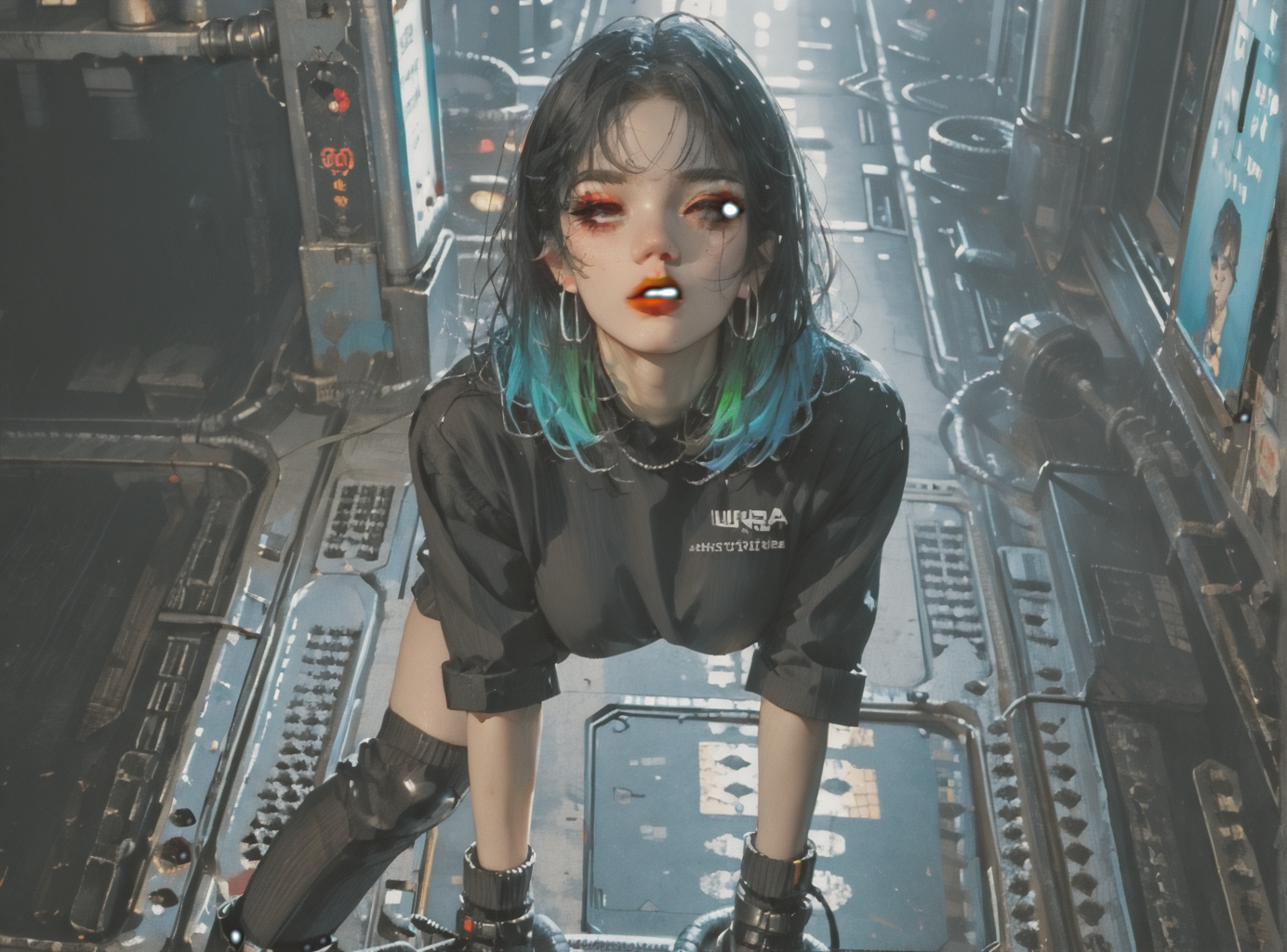 score_9, score_8_up, score_7_up, Fighting scene, shot from above, looking up against all odds, woman, pale skin, huge breasts, <lora:sm0k3XLP:1>, <lora:goth_clothes:1>, black crop top, black platform boots, neon hair color, two tone hair, <lora:john:1>, <lora:0779 science fiction world_v1_pony:1> ruanyi0779, science fiction, neon lights, cable, industrial pipe,