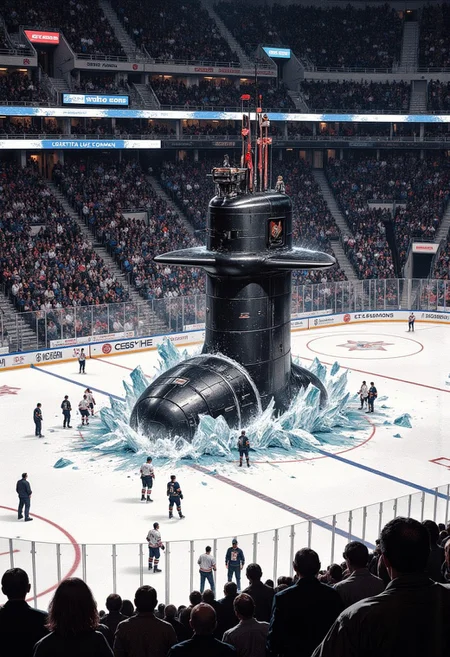 ArsMJStyle, dnddarkestfantasy, A surreal and comical scene of a massive submarine emerging through the center of an ice hockey rink, breaking through the ice dramatically. The submarine's conning tower rises majestically, surrounded by scattered ice shards. Players and officials stand on the rink in disbelief, dwarfed by the sheer size of the vessel. The packed stadium crowd watches in awe and amusement, their reactions a mix of shock and laughter. The environment is lit with bright arena lights, adding a sharp contrast to the unusual event taking place.