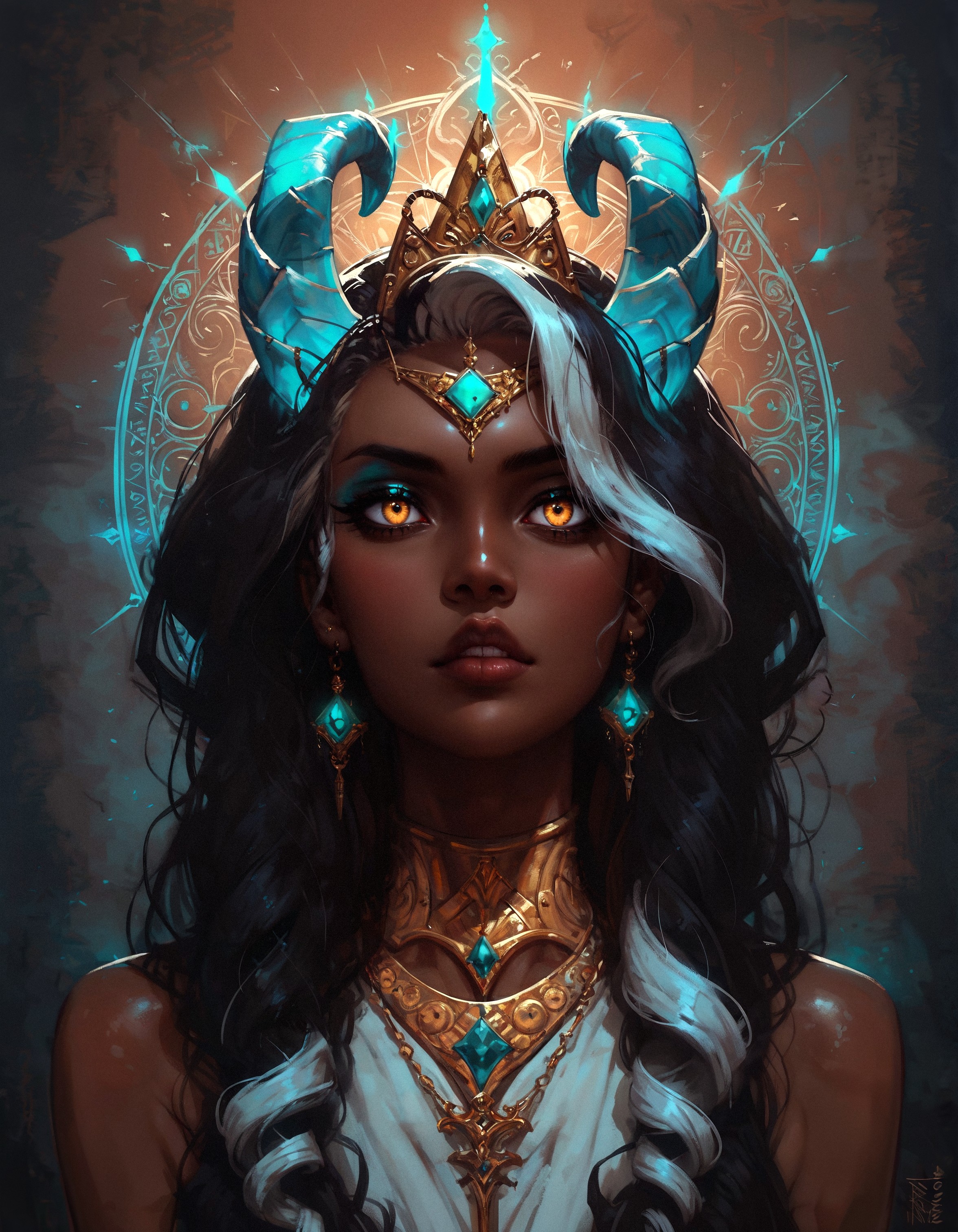 score_9, score_8_up, score_7_up, score_6_up, score_5_up, score_4_up,  A regal (queen:1.4) with (Indian heritage:1.3), her (brown skin:1.3) glowing with a soft radiance, sits majestically. She has (gold eyes:1.3) that shimmer with wisdom and power, and her (ivory brown skin:1.4) adds to her ethereal beauty. Her (black hair:1.3) is striking, accented with (white highlights:1.2) that give it a unique and distinguished look.  Adorning her head are (turquoise glowing horns:1.3) that spiral gracefully, merging seamlessly with her (ram horns:1.3), creating an awe-inspiring and mystical appearance. Her attire is opulent, with (intricate gold jewelry:1.2) and (traditional Indian garments:1.2) that complement her royal presence.  The background is a lavish (palace setting:1.2), rich with (detailed carvings:1.1) and (luxurious decor:1.2), enhancing the queen's majestic aura and the (mystical glow:1.2) of her horns, symbolizing her power and grace.