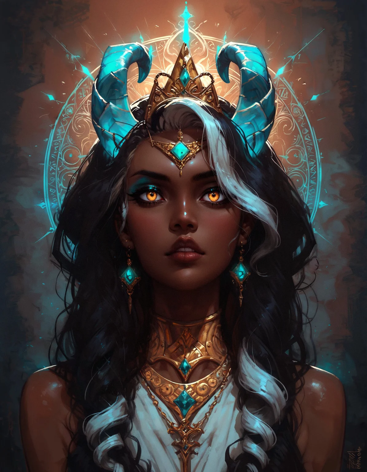 score_9, score_8_up, score_7_up, score_6_up, score_5_up, score_4_up, A regal (queen:1.4) with (Indian heritage:1.3), her (brown skin:1.3) glowing with a soft radiance, sits majestically. She has (gold eyes:1.3) that shimmer with wisdom and power, and her (ivory brown skin:1.4) adds to her ethereal beauty. Her (black hair:1.3) is striking, accented with (white highlights:1.2) that give it a unique and distinguished look. Adorning her head are (turquoise glowing horns:1.3) that spiral gracefully, merging seamlessly with her (ram horns:1.3), creating an awe-inspiring and mystical appearance. Her attire is opulent, with (intricate gold jewelry:1.2) and (traditional Indian garments:1.2) that complement her royal presence. The background is a lavish (palace setting:1.2), rich with (detailed carvings:1.1) and (luxurious decor:1.2), enhancing the queen's majestic aura and the (mystical glow:1.2) of her horns, symbolizing her power and grace.