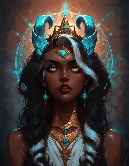 score_9, score_8_up, score_7_up, score_6_up, score_5_up, score_4_up, A regal (queen:1.4) with (Indian heritage:1.3), her (brown skin:1.3) glowing with a soft radiance, sits majestically. She has (gold eyes:1.3) that shimmer with wisdom and power, and her (ivory brown skin:1.4) adds to her ethereal beauty. Her (black hair:1.3) is striking, accented with (white highlights:1.2) that give it a unique and distinguished look. Adorning her head are (turquoise glowing horns:1.3) that spiral gracefully, merging seamlessly with her (ram horns:1.3), creating an awe-inspiring and mystical appearance. Her attire is opulent, with (intricate gold jewelry:1.2) and (traditional Indian garments:1.2) that complement her royal presence. The background is a lavish (palace setting:1.2), rich with (detailed carvings:1.1) and (luxurious decor:1.2), enhancing the queen's majestic aura and the (mystical glow:1.2) of her horns, symbolizing her power and grace.